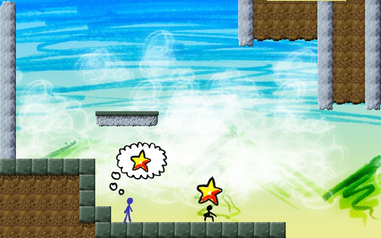 Screenshot of finished game depicting a platform level, two stick figures, and a star.