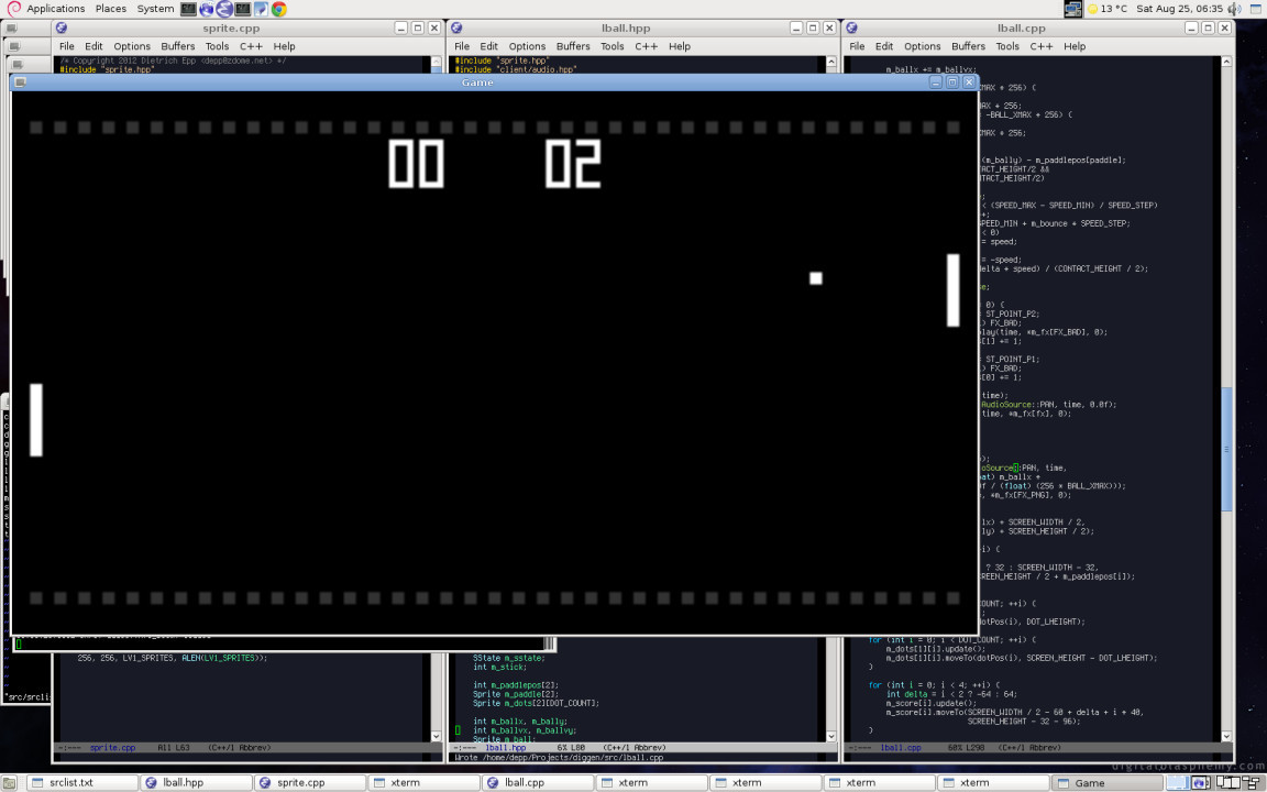 Screenshot of development, showing Pong-like game