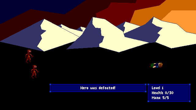RPG battle screen showing “Hero was defeated!”