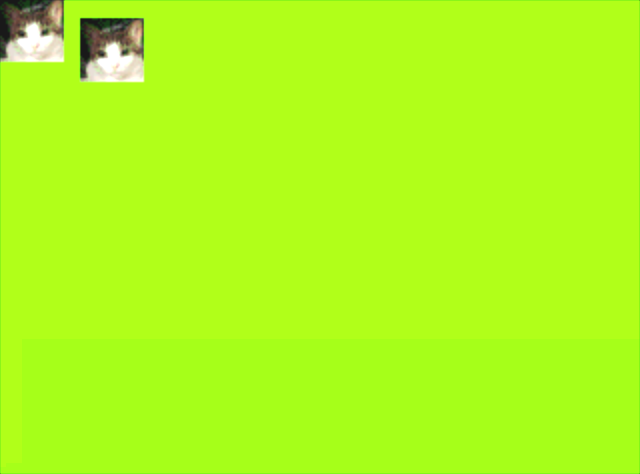 Yellow-green screen with two copies of the same picture of a cat in the top left corner