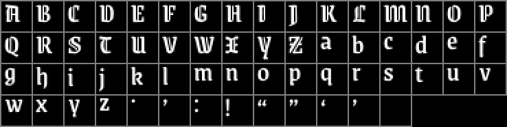Glyphs from Grenze Gotisch font laid out in grid