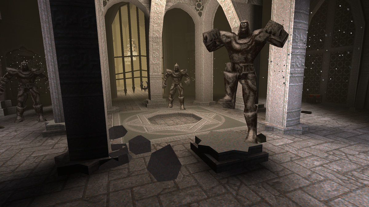 Statues coming to life in a boss fight in the Arcane Dimensions level “The Realm of Enceladus”.