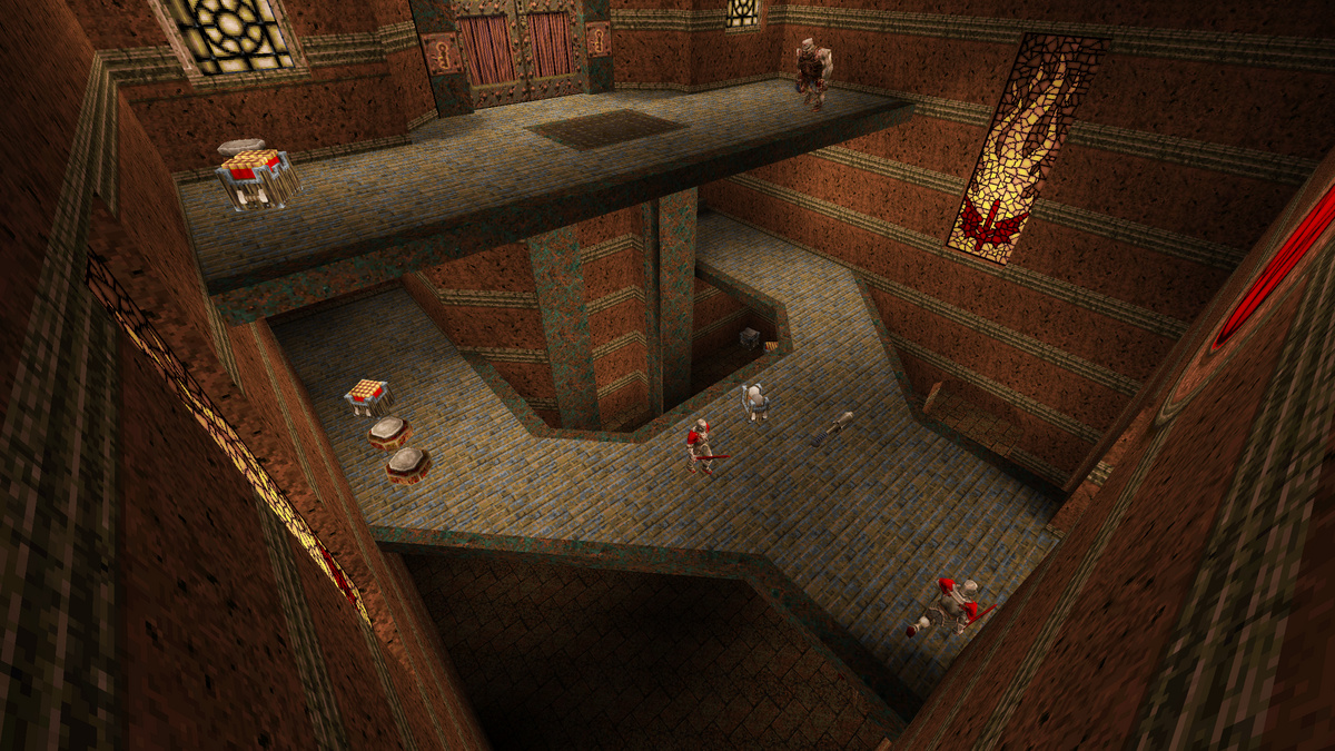 The central room in the Quake level “Gloom Keep” (E1M5), showing how a space is reused at different vertical levels.