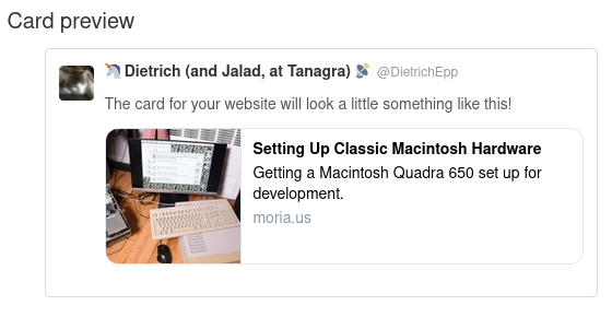 A webpage previewed in the Twitter card validator.