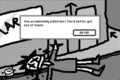 Screenshot from “The Adventures of Sean” depicting a woman dead on the ground, with a dialog box reading, “You accidentally killed her! You’d better get out of town!”