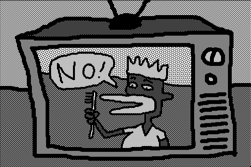 Screenshot from “The Adventures of Sean” depicting a TV with some kind of cartoon duck with a crown holding a toothbrush, saying “NO!”