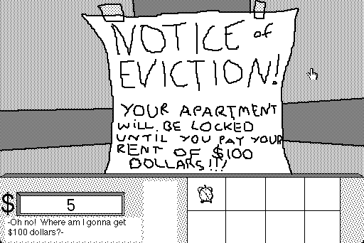 Screenshot of HyperCard game “Get Rich Quick”, showing a notice of eviction taped to Joe Average’s apartment door.