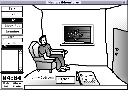 Screenshot from abandoned HyperCard project from 2001 “Marty’s Adventures”, depicting Marty sitting in his living room chair.