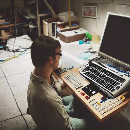 AI-generated image of a man working at a computer in a basement.